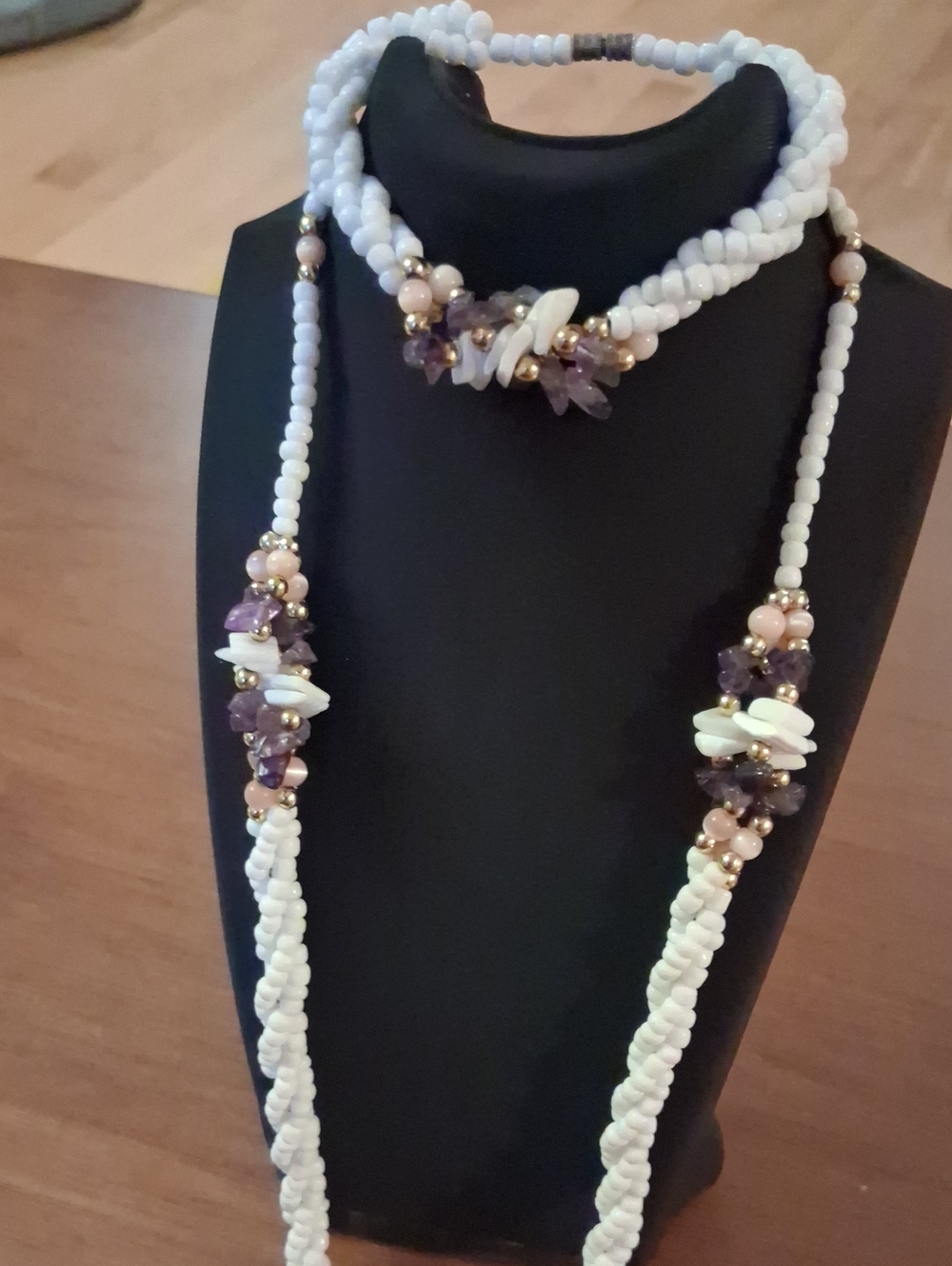 Vintage Handcrafted White and Purple Beaded Necklace And Bracelet Set 20" Chain